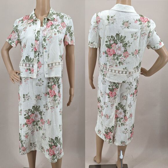 Vintage 90s K Petite Set Sleeveless Dress Floral with Jacket Crochet Size 6P - Picture 1 of 11